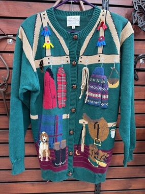 Vintage Susan Bristol Green Equestrian Novelty Cardigan with Multicolor Accents
